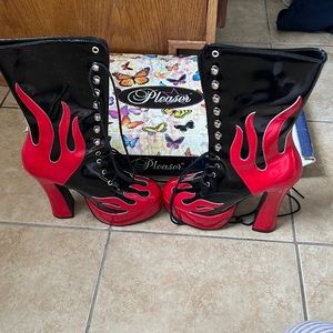 RED FLAME PLEASER PLATFORM BOOTS